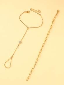 Set de 2 cadenas de mano de lujo minimalistas, diseño único de anillo de dedo con estrella de seis puntas enlazada - Dorado - Ver 3