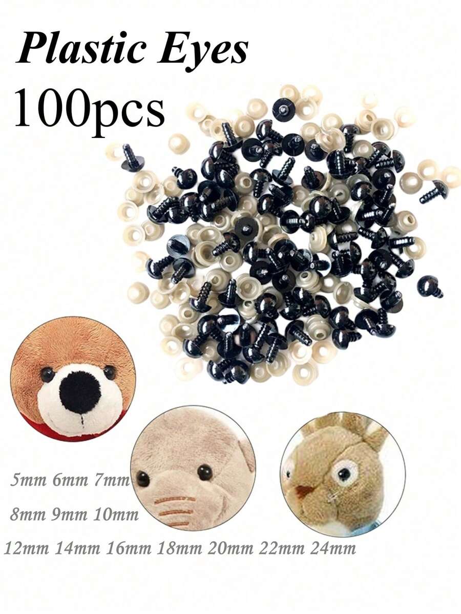 DUWEN 100 件黑色塑料螺纹眼动物玩具泰迪熊 DIY 工艺娃娃配件 5-24 毫米