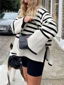 黑白撞色圆领宽松套头毛衣，女士新款秋冬简约休闲通勤针织衫，万圣节、圣诞节、新年皆宜 - 黑與白 - 查看 9