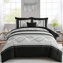 DJY 8 Pieces Black Comforter Set Queen King Size Bed In A Bag Patchwork Striped Bedding Sets,Boho Soft Microfiber Bedding Set For All Season,Wedding Items,Office Decor,Valentines Day Home Bed Room Decor,Easter Gifts - 黑色 - 查看 6