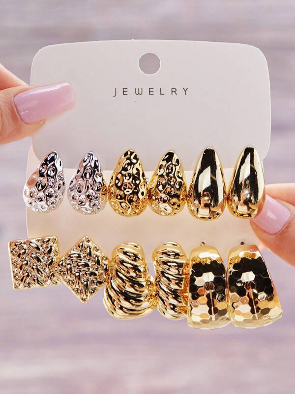 12pcs Elegant Metal C-Shape Water Drop Bead Earrings Set, Suitable For Women's Daily Wear