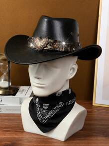 1 Set Includes: 1pc Metal Heart Diamond Cowboy Hat, 1pc Cashew Pattern Scarf, Unisex Elegant & Fashionable, Suitable For Travel, Party, Western Cowboy Theme Party And Daily Use