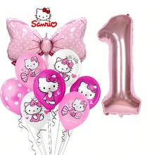 11 قطعة من سلسلة سانريو هالو كيتي، بالونات وردية مطبوعة بشعار هالو كيتي، بالونات وردية بشكل فيونكة وأرقام، مجموعة لحفلة عيد الميلاد العائلية