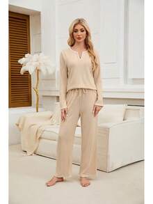 Women's 2 Piece Ribbed Color Block Fleece Pajama Set Fall Long Sleeve Lounge Sleepwear With Pockets Soft Warm Loungewear - Màu be - Xem 2