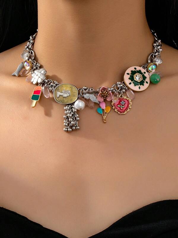 1 件全新设计百搭简约多元素吊坠链项链，高端锁骨链项链女士珠宝，适合晚会、音乐节和各种场合