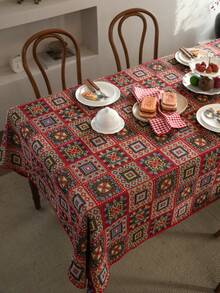 1pc Bohemian Style Decorative Tablecloth, Red Geometric Square Jacquard Tablecloth With Shell Embroidery Lace Trim, Rectangular Table Cloth Suitable For Christmas, Party, Wedding, Home Decor, Vintage Style (Slight Color Difference) - Multicolor - View 2