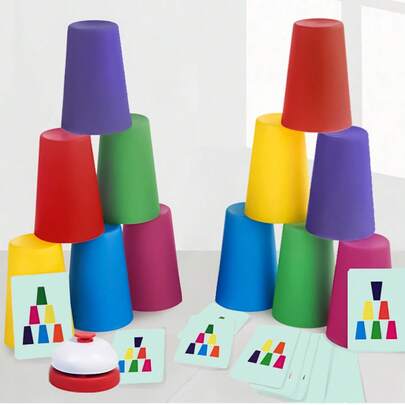 1Set Multi-Color Stacking Cup Toys(12 Stacked Cups, 50 Cards, 1 Bell), Children Stacking Cup Competition Game, Interactive Toy To Train Kids Intelligence, Logic And Concentration Skills, Parent-Child Toys