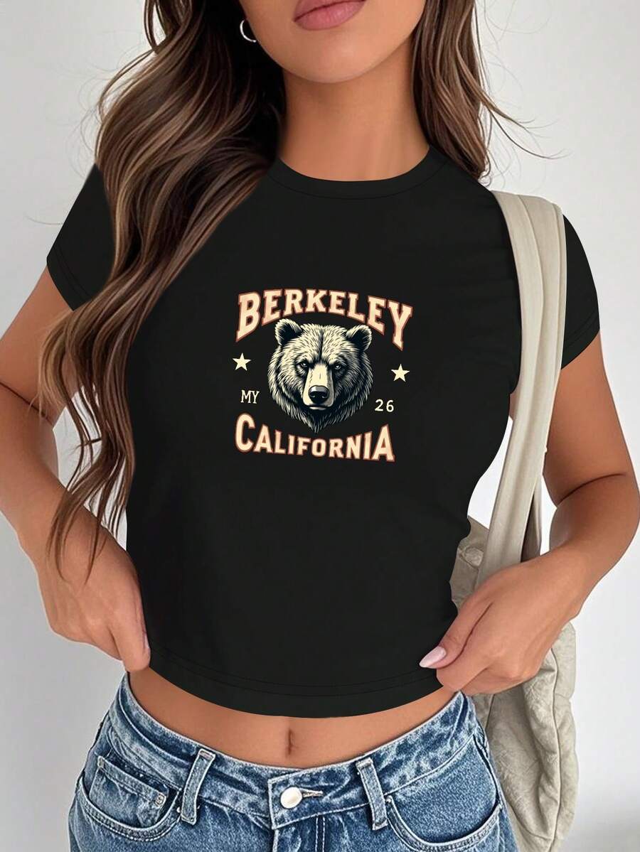 Berkeley California Bear Vintage Women's Fashion Short Sleeve T-Shirt, Y2K Clothes, Back To School Clothes, Vintage Clothes, Street Wear, Rock, Holiday, Vacation, Festival, Summer Tops - màu đen - Xem 1