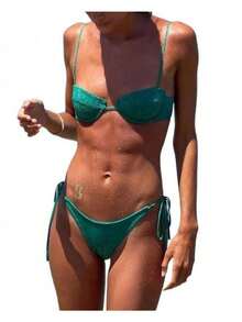 LYVES Bikini Set  Women's Soild Swimsuit  Green Fashion Bikini Halter Sport Swimsuit Beach Vacation Low Cut Shiny - 綠色 - 查看 5