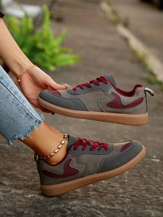 Fall/Winter Women's Rubber Sole Leather Patchwork Casual Sneakers, Suitable For Christmas, Spring Festival, Daily Wear