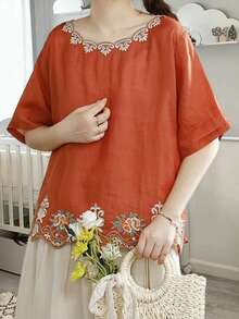 Women's Loose Cotton Linen Tops Floral Embroidery Short Sleeve Round-Neck T-Shirt For Summer - trái cam - Xem 4