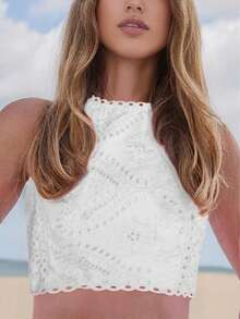 1 chiếc áo croptop không tay thêu hoa khoét rỗng kiểu vintage, họa tiết hoa ngẫu nhiên. - trắng - Xem 3