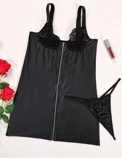 New PU Sleepwear, Zipper Verleidelijke Lingerie Kanten Patchwork Camisole Nightgown Panties Set view 6