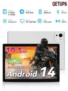 Qetupa 10.1"A29 Android 14 Tablet,MTK 6762 Quad-Core 2.0GHZ,RAM 4GB,ROM 64GB/128GB,1280*800 IPS Touch Screen,5MP+8MP Daul Camera, 6000mAh,802.11ac WIFI 5&BT 5.2