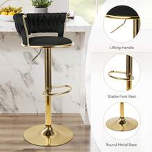 Nalupatio Set Of 2 Luxurious Bar Stools With Velvet Upholstery, Backrest & Footrest – Height Adjustable & Swivel, With Gold Metal Base - Black - View 3