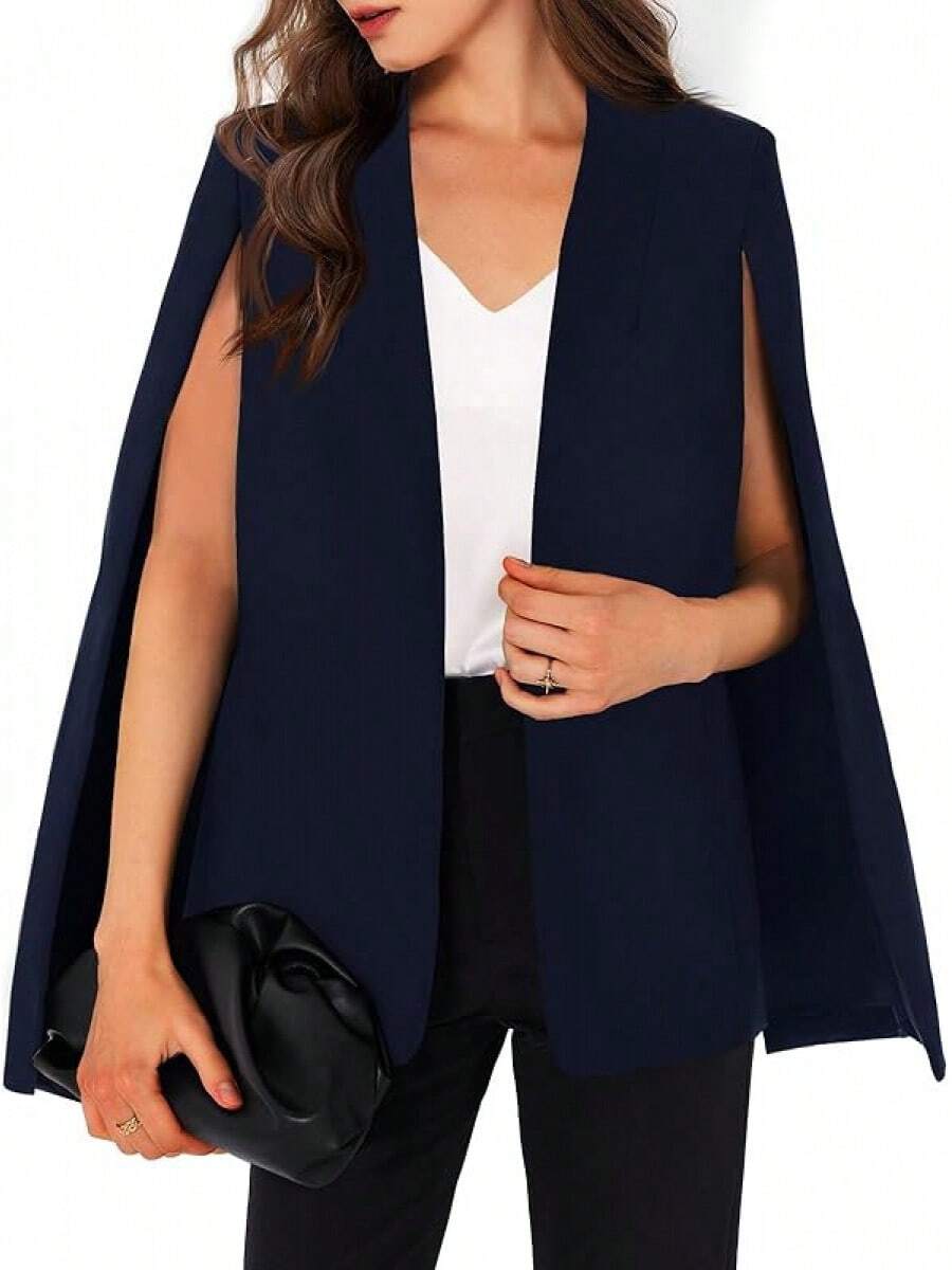 Womens Cape Split Sleeve Open Front Casual Coat Work - Style BYIL - Dark Blue - View 1