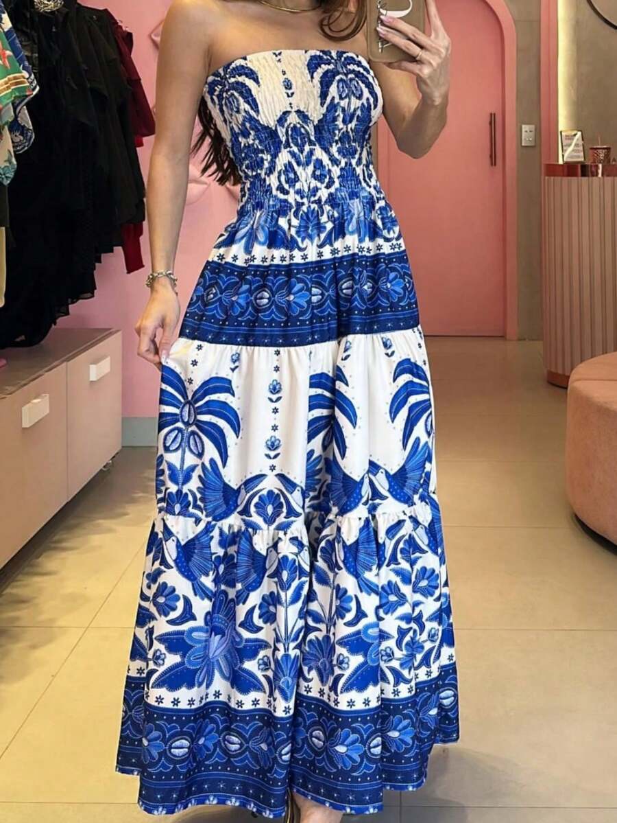 Look Of Millions!!! Long Strapless Dress With Floral Print - Màu xanh lam - Xem 1