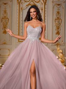 VIPGIRL 薰衣草色吊带高开衩亮片薄纱礼服，串珠晚礼服，多层公主风舞会礼服，优雅紫色舞会礼服