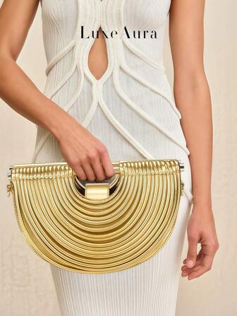 European & American Style Pasta Shaped Evening Bag, Lady's Handbag, Semi-Circle Shape, Fashionable Metallic Retro Ruffled Elegant Luxury Party Wedding Bride Clutch