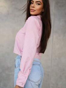 Camisa Cropped Casual Combinável de Manga Longa Feminino - Rosa listrado - Visão 2