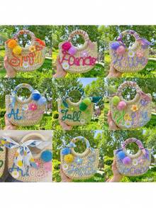 1pc Personalized Straw Woven Bag, Ribbon/Pom Pom/Crochet Flower, Fashion Letter Woven Tote Bag, Straw Handbag, Party Gift Bag, Bridesmaid Gift Basket - Multicolor - View 4