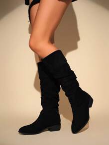 Women's Fashion Faux Suede Pointed Toe Over-The-Knee Boots, Wrinkle Design, Minimalist Chic Versatile Low Chunky Heel Boots, Suitable For All Seasons - Black - View 4