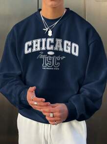 Men's Floral Font Retro American Style Crew Neck Sweatshirt | Chicago Letter Print | Casual Streetwear, Autumn/Winter