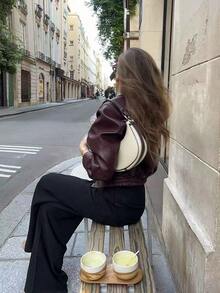 Manneqi Retro American Casual Chic Lapel Zipper Wine Red Leather Jacket Short Coat For Women - Burgundy - View 2