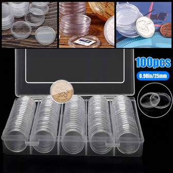 100pcs 25mm Coin Capsules With Storage Case, Round Coin Box For Coins & Commemorative Coins, Clear Coin Protection Organizers