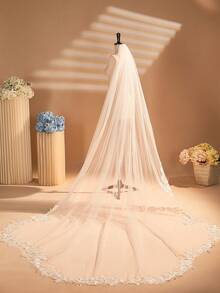 1 khăn voan ren dài 3 mét đính ren kèm lược kim loại thanh lịch, phụ kiện mũ đội đầu bằng lưới mềm mại cho cô dâu, trang phục mùa thu dành cho nữ - A - Xem 2