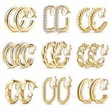 9 pares de clips y aretes de oro de 14k chapados en oro gruesos, sin agujeros en las orejas, adecuados para que las mujeres los usen
