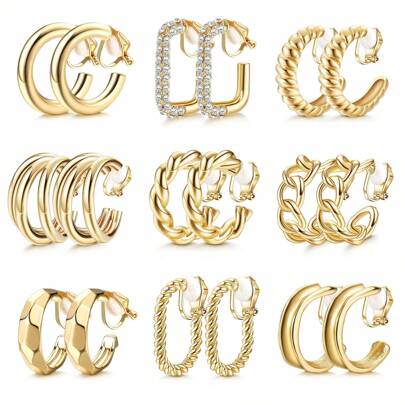9 pares de clips y aretes de oro de 14k chapados en oro gruesos, sin agujeros en las orejas, adecuados para que las mujeres los usen