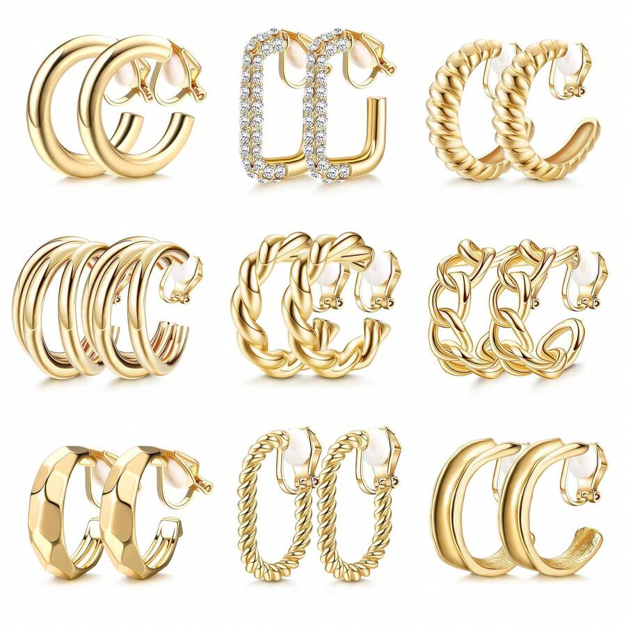 9 pares de clips y aretes de oro de 14k chapados en oro gruesos, sin agujeros en las orejas, adecuados para que las mujeres los usen