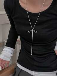 女士简约蝴蝶结吊坠项链，韩式独特设计长项链配饰，百搭，2025 年春夏新品