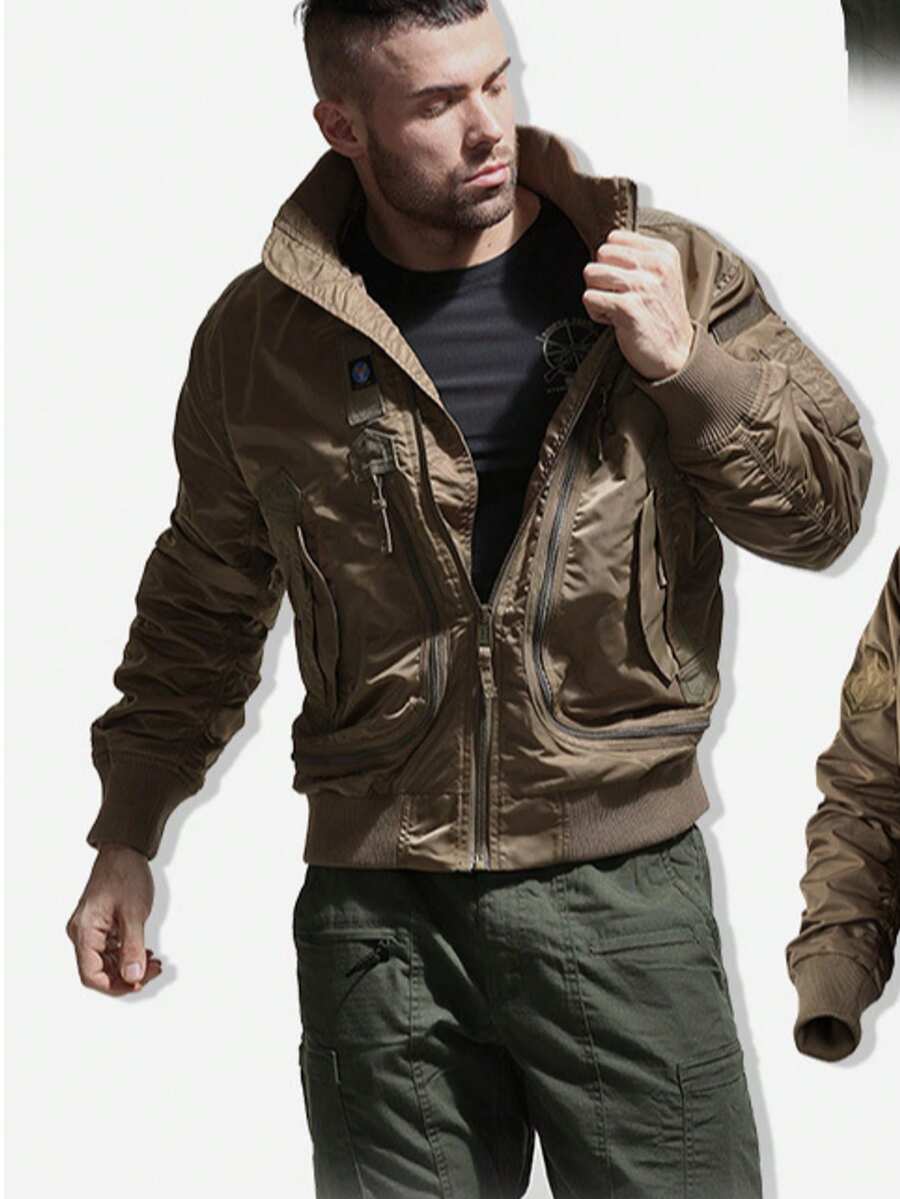 Jackets For Men  Men Baseball Collar Flight Jacket Autumn Winter Tactical Stand Collar Coat Lightweight Slim Fit Bomber Jacket For Men Stylish Outerwear  Jackets For Men  Puffer Jacket Men - 卡其色 - 查看 1