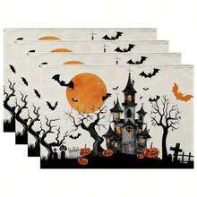 1/2/4/6 Piece Table Mat Set, Halloween Themed Style, Bat Pattern Print, Size 30x45 Cm. Polyester Halloween Placemats Are Suitable For Home Kitchens/Heat-Resistant Tablecloths, Easy To Clean, And Are Ideal Accessories For Home Kitchen Dining Tables. They Are Suitable For Family Gatherings And Indoor Occasions, And Are The Best Choice For Halloween Decoration.
