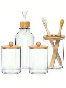 4-Piece Bathroom Wash Set With Minimalist Stripe Design Includes Hand Sanitizer Bottle, Rinse Cup, Toothbrush Holder & Soapboard Back-To-School Home Bathroom Decorating Bathroom Must-Have Combo! The Set Includes A Cute Swab Organizer To Keep Your Swabs Organized And Dry. It Also Comes With Shampoo And Body Soap Dispensing Bottles. Perfect For Organizing Your Bathroom Counter And Making Bath Time More Convenient.