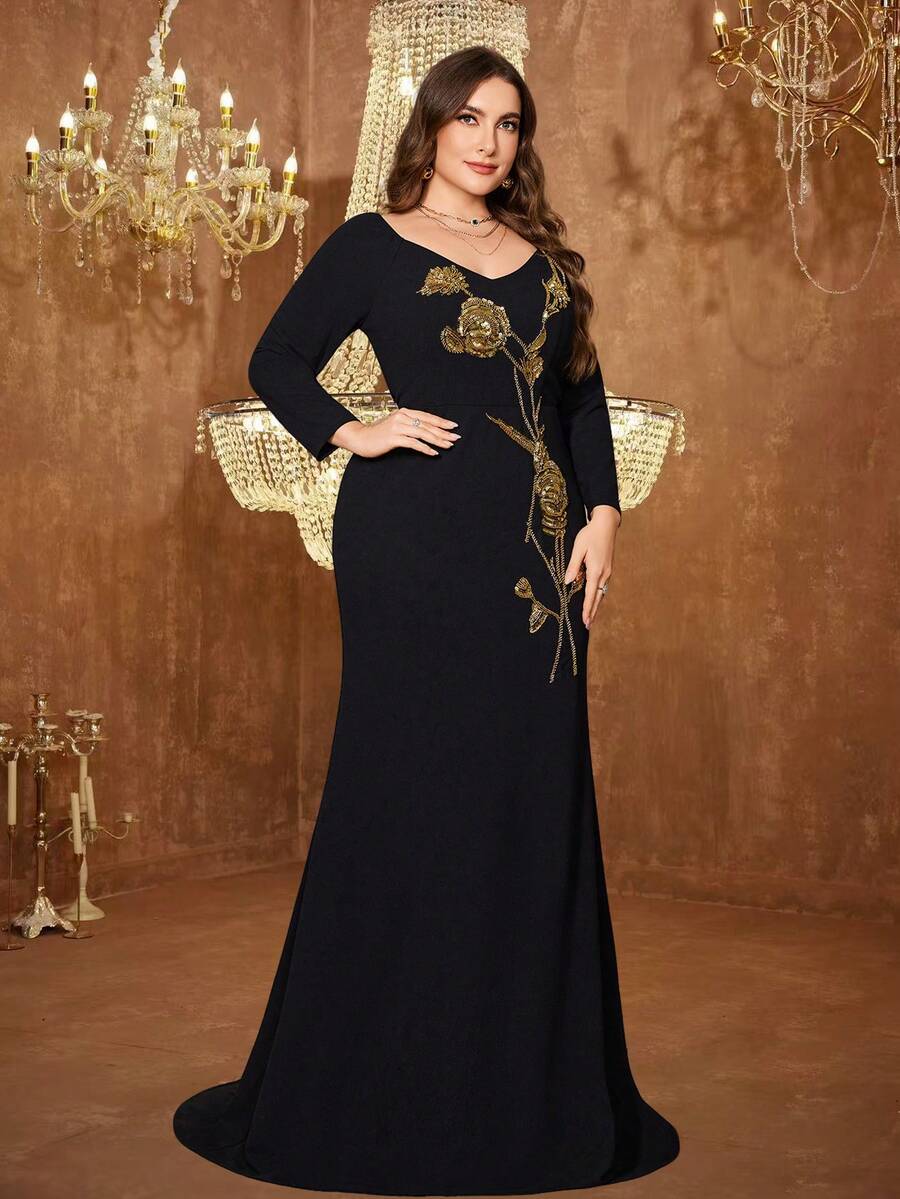 SUPGIR 大码女式V领长袖亮片刺绣修身美人鱼针织长款优雅晚礼服派对 - 黑色 - 查看 1