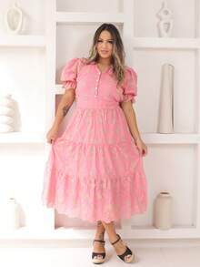 Women's Midi Dress With Embroidered Laise, All-Over Print, Embroidery, Button, Ruffle, Gathered, Formal And Evening - Baby Pink Two-tone 3D - View 1