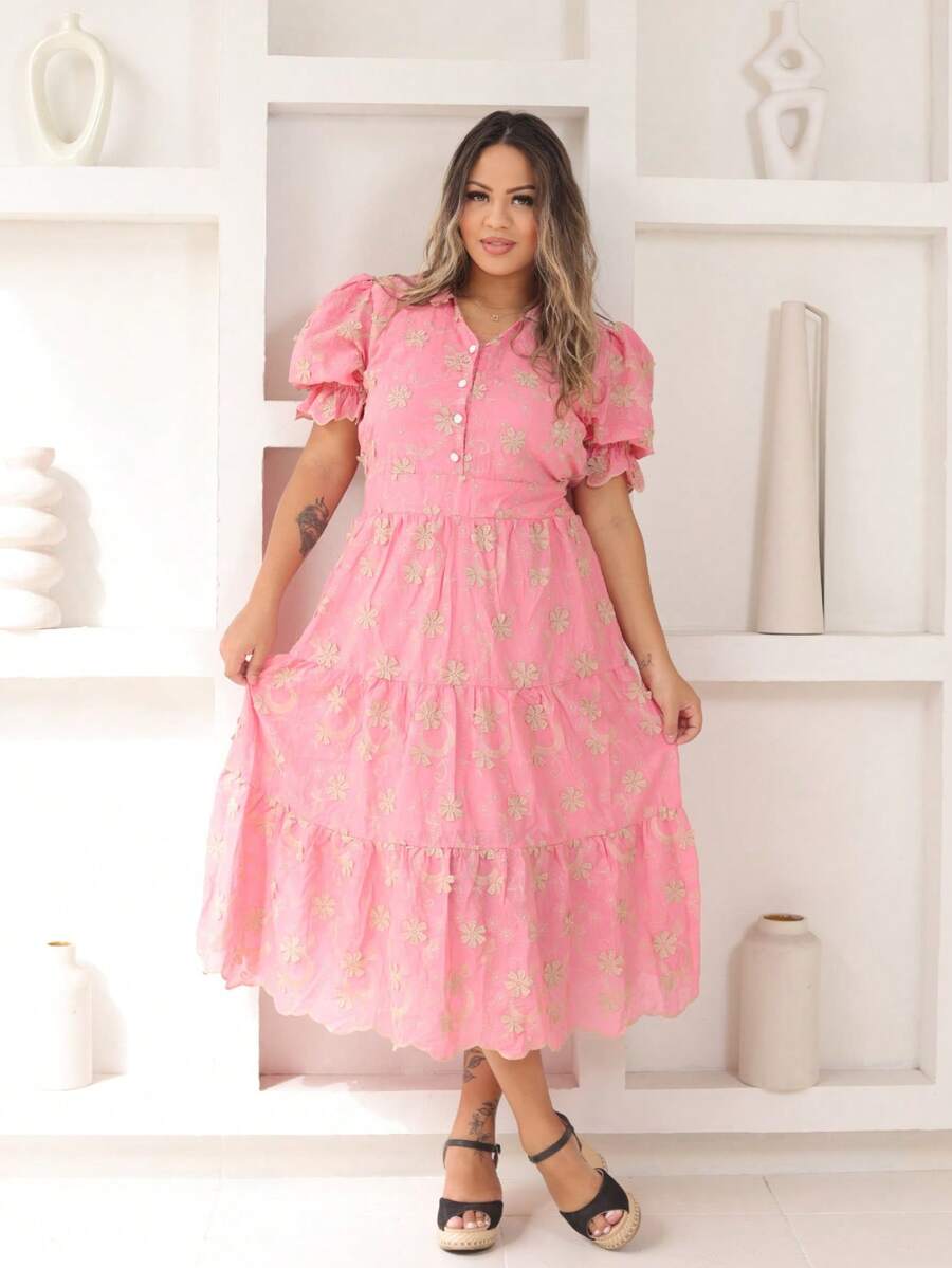 Women's Midi Dress With Embroidered Laise, All-Over Print, Embroidery, Button, Ruffle, Gathered, Formal And Evening - Baby Pink Two-tone 3D - View 1