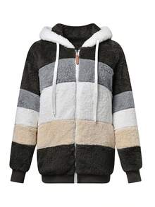 女款毛绒拼色连帽超大夹克，秋冬款 - 黑色 - 查看 8