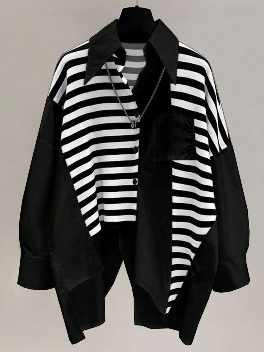 Plus Size Women's Striped Contrast Color Drop Shoulder Long Sleeve Button Down Collar Pocket Asymmetric/Asymmetrical Back Slit Loose Casual Shirt - Black - View 1