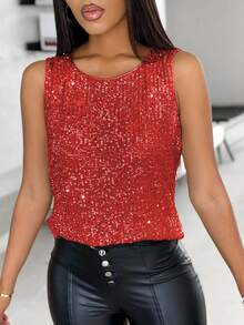 ChicMe Women's Shiny Sequin Sleeveless Round Neck Casual Fashionable Blouse - Red - View 4