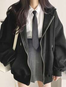 Solid Color Slim Fit Minimalist Loose Warm Lined Long Sleeve Sweatshirt, Suitable For Autumn/Winter - Black - View 3