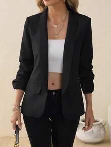 Blazer negro sólido para mujer - Nuevo estilo para primavera y otoño. Adopta un diseño de cuello chal que le otorga un temperamento elegante y grácil. Es adecuado para ocasiones como bodas, salidas diarias, fiestas y festivales. También puede servir como atuendo para Año Nuevo, Navidad, Halloween y otras celebraciones.