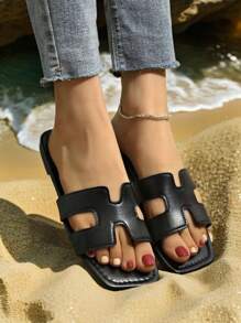 优雅女士度假必备平底编织拖鞋，兼具舒适与时尚，透气沙滩凉鞋，经典黑色，易于穿脱，休闲舒适。 - 黑色 - 查看 6