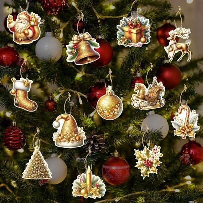 12pcs/Set Mixed Christmas Decoration Gift Tags, Gold Christmas Party Christmas Tree Ornament Hanging Decor