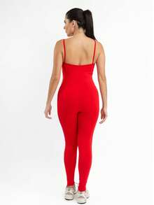 Women's Long Polyamide Fitness Gym Jumpsuit With Thin Straps - 紅色 - 查看 3