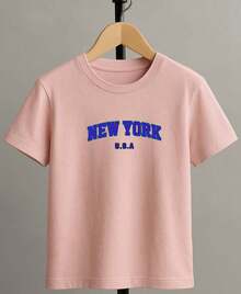 Camiseta para niño de 4 a 15 años de cuello redondo y manga corta con diseño de NEW YORK casual y creativa para niño - Rosa - Ver 1