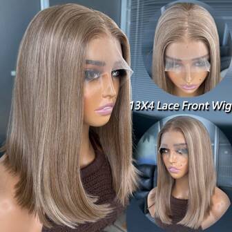 Blonde Highlight Brown Mixed Color 13x4 Synthetic Lace Front Bob Wigs Pre-Plucked Short Straight For Women 14 Inch Straight Glueless Kanekalon Hair Resistant Synthetic Hair Wigs Free Part 150% Density Glueless Lace Front Synthetic Wigs Straight Hair Ready To Wear Synthetic Wigs For Daily Party Festival Holiday Performer Use